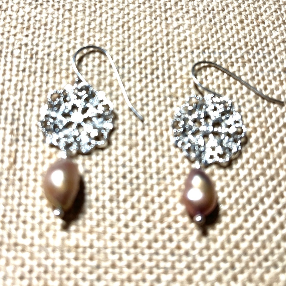 Stamped 925 Sterling Silver Pierced Earrings Dusty Rose Baroque Pearl Drops